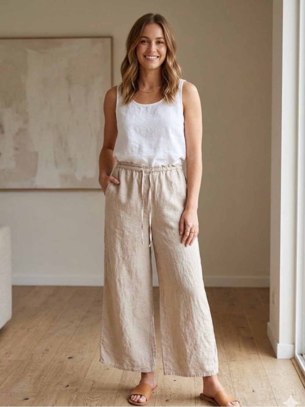 Zara Wide-Leg Drawstring Linen-Blend Pants in Light Beige